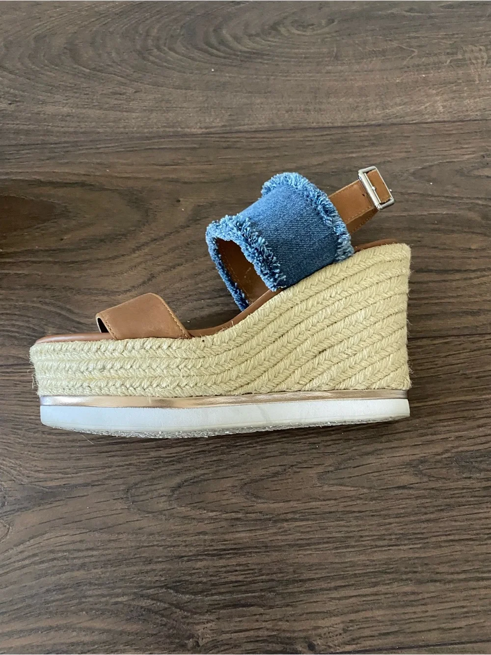 Steve Madden Tan Leather and Blue Denim Espadrille Wedge Sandals